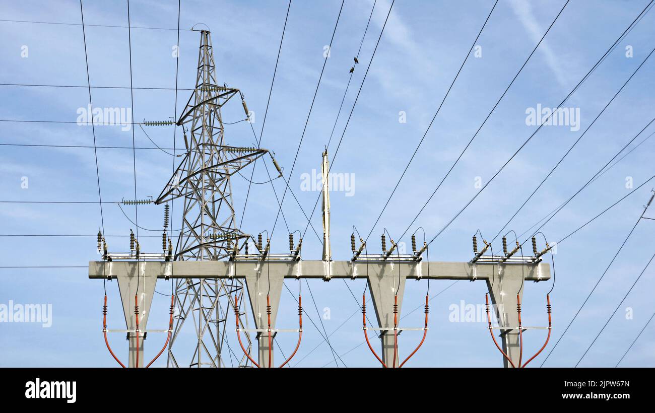 High voltage towers in the Delta del Llobregat, Barcelona, Catalunya, Spain, Europe Stock Photo