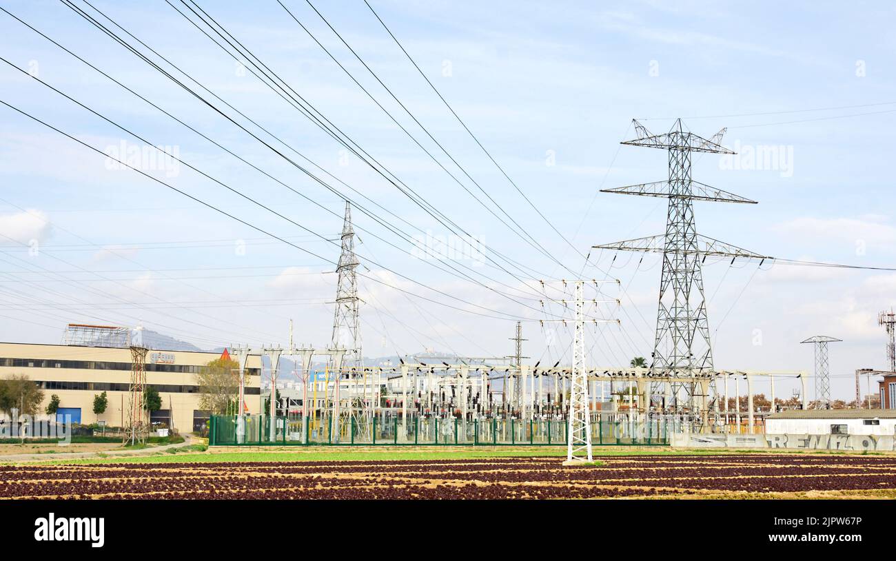 High voltage towers in the Delta del Llobregat, Barcelona, Catalunya