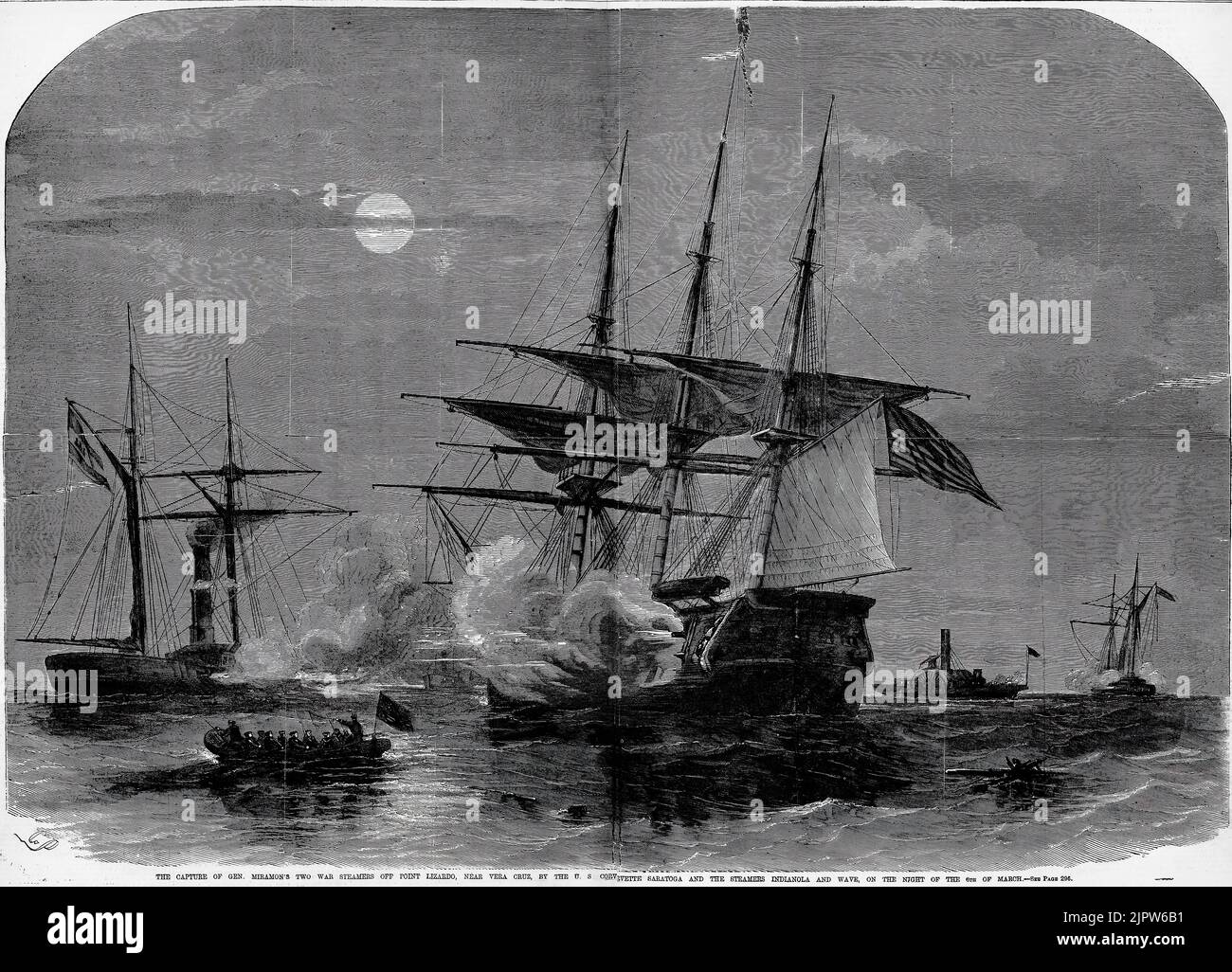 The Capture of General Miguel Miramón's two war steamers off Point Lizardo, near Vera Cruz, by the U.S. corvette Saratoga and the steamers Indianola and Wave, on the night of March 6th, 1860. Battle of Antón Lizardo. 19th century illustration from Frank Leslie's Illustrated Newspaper Stock Photo