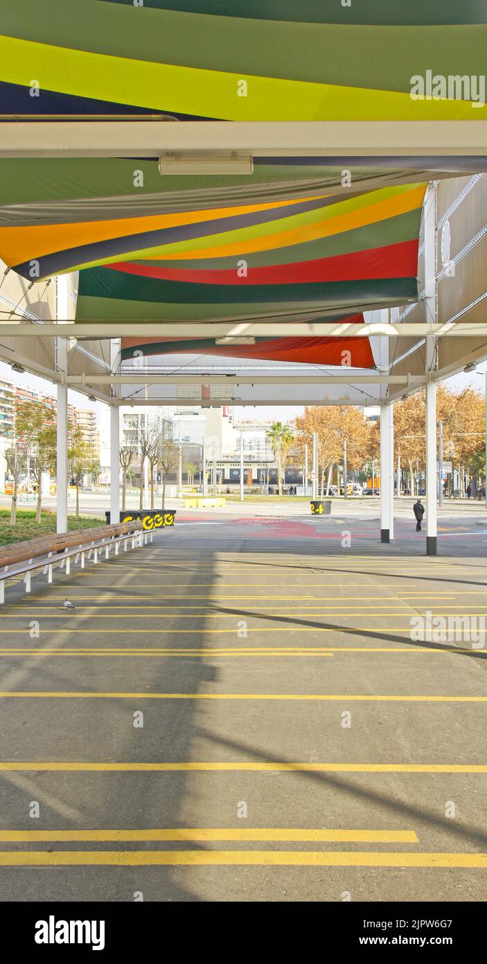 colored tarps as a shed in the Plaza de les Glories in Barcelona, Catalunya, Spain, Europe Stock Photo