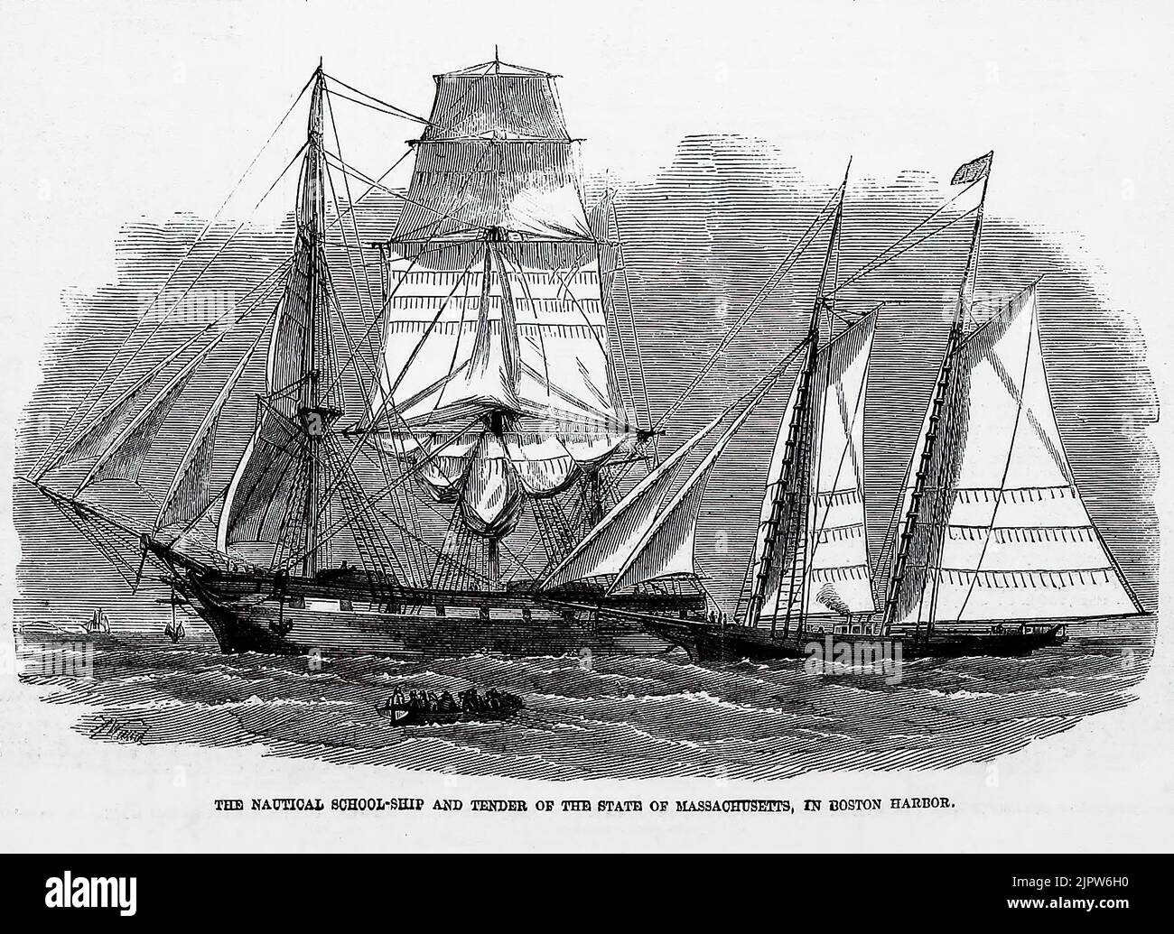 The Nautical School of Massachusetts, school-ship and tender of the State of Massachusetts, in Boston Harbor (1860). 19th century illustration from Frank Leslie's Illustrated Newspaper Stock Photo