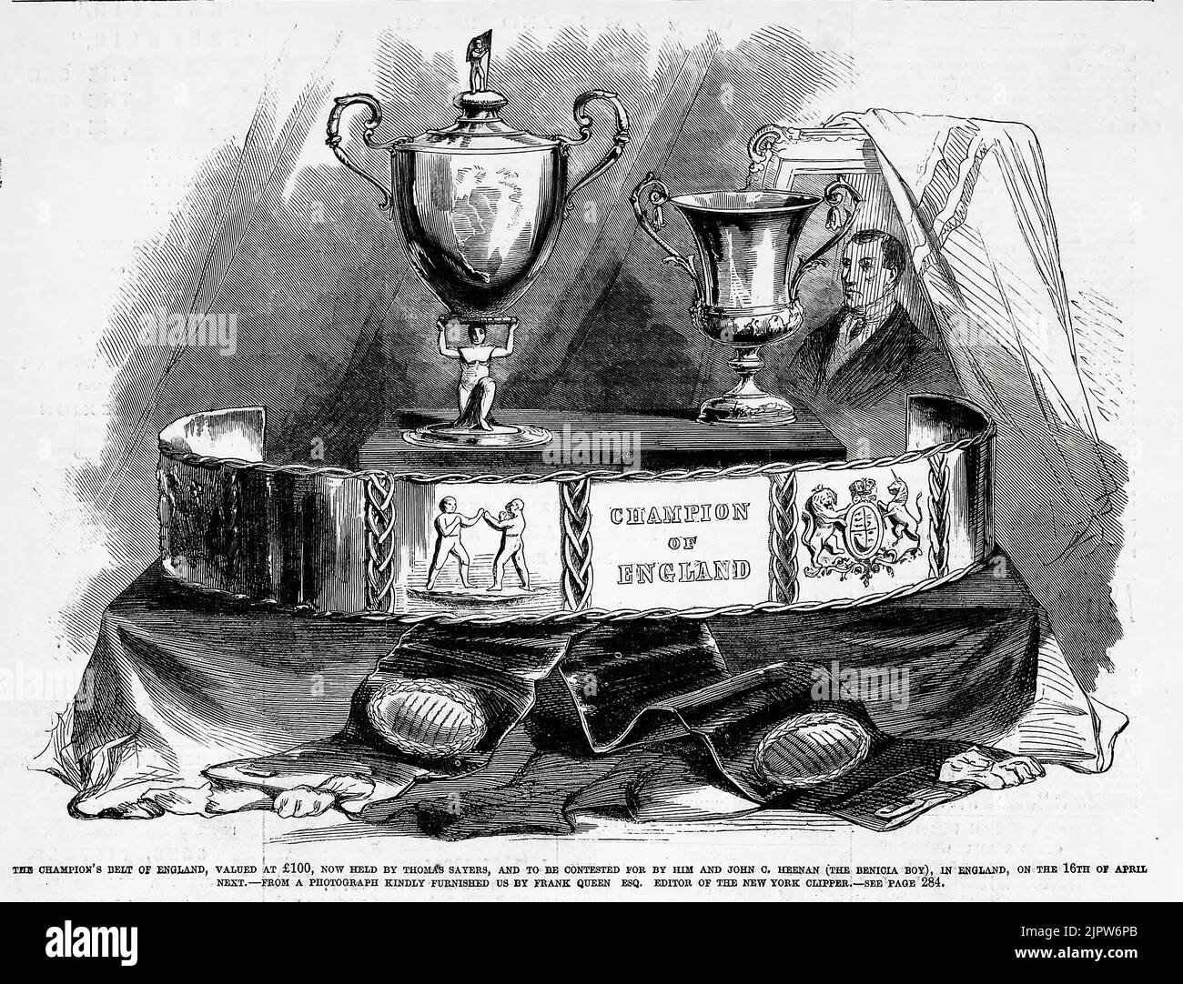 The Champion's Belt of England, valued at £100, now held by Thomas Sayers, and to be contested for by him and John C. Heenan (The Benicia Boy), in England, April 16th, 1860. 19th century illustration from Frank Leslie's Illustrated Newspaper Stock Photo