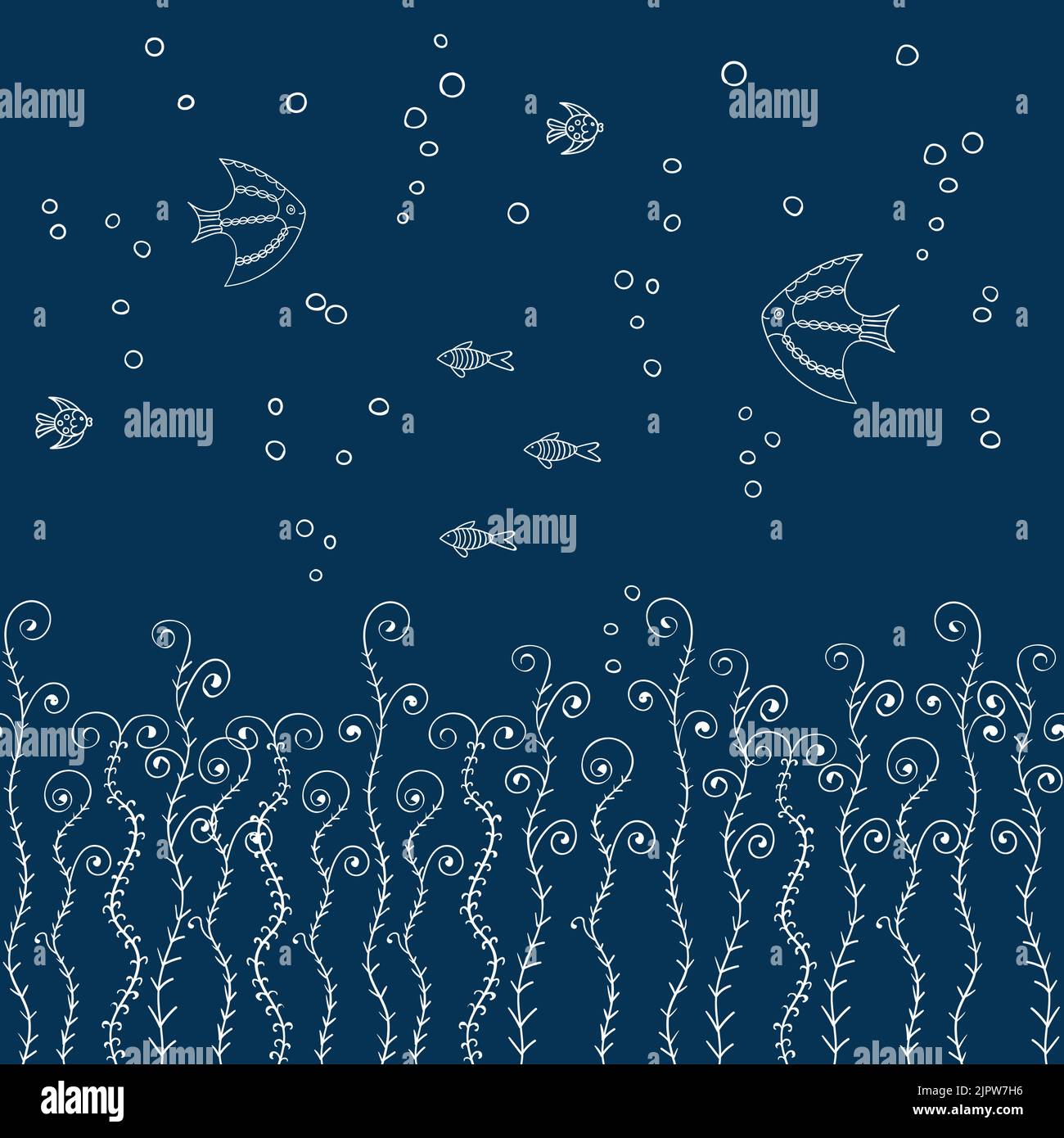 Seamless horizontal pattern with abstract fish and seaweeds. Vector doodle background Stock Vector