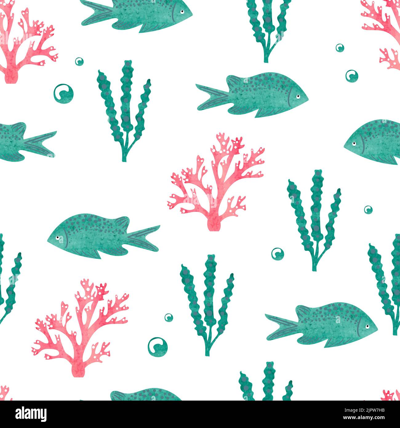 Watercolor seamless pattern with sea fish and seaweed isolated on white ...