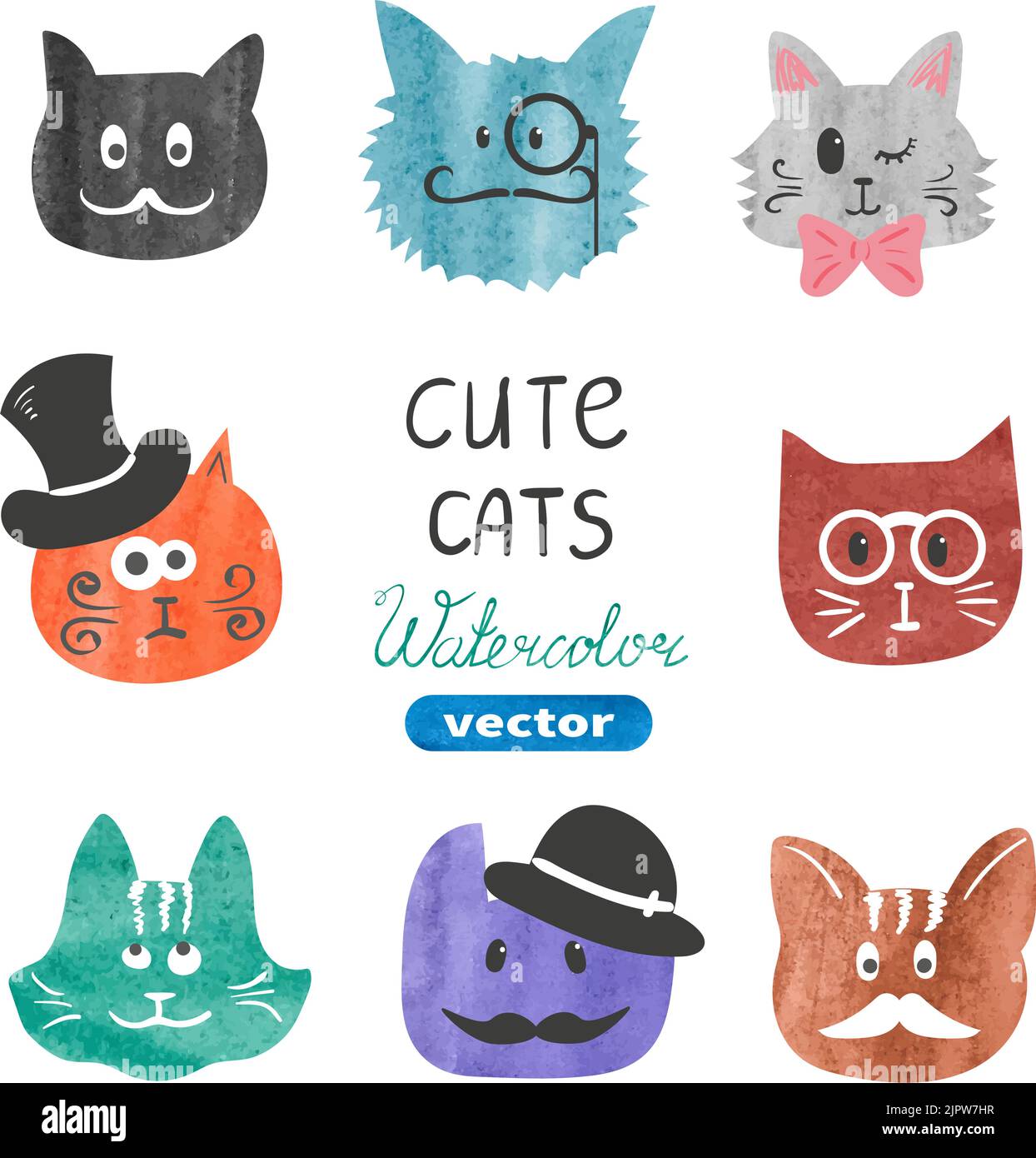 Cute cats set. Watercolor cats heads isolated on white. Vector illustration. Funny cats collection Stock Vector