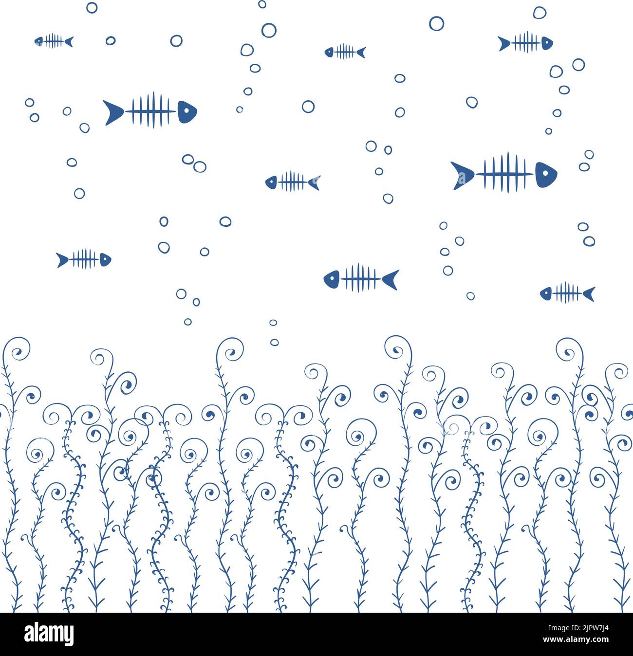 Horizontal seamless pattern with fishbones and abstract doodle seaweeds. Vector background Stock Vector