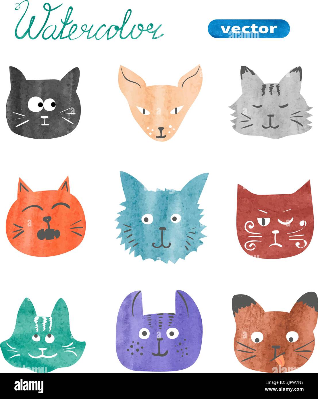 Set of cute cats. Watercolor collection of cats heads isolated on white. Vector illustration Stock Vector