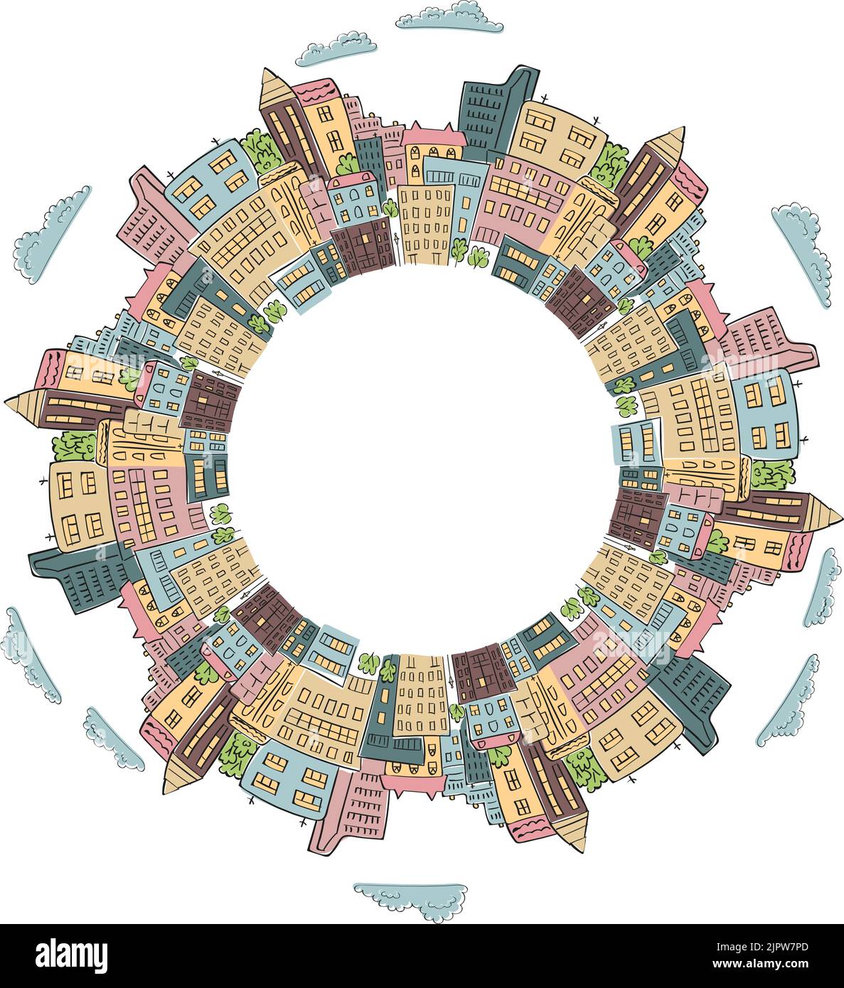 Round frame with colorful doodle city buildings. Vector illustration of abstract city with place for text. Decorative element for infographics Stock Vector