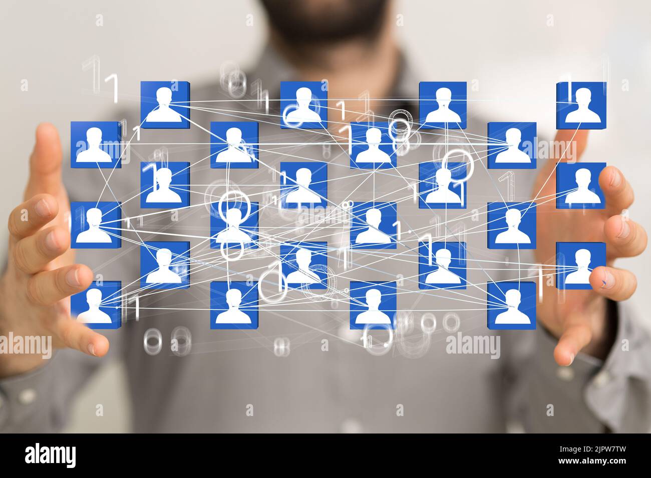 The blue profile icons with binary numbers hovering between the person