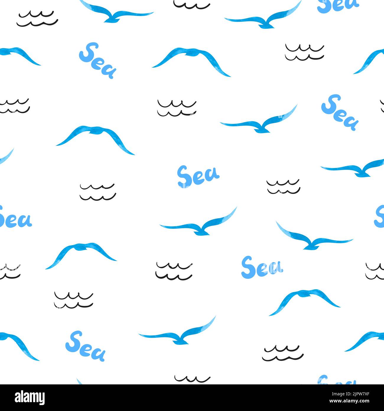 Sea seamless pattern. Watercolor seagulls silhouettes and doodle waves. Vector sea background Stock Vector