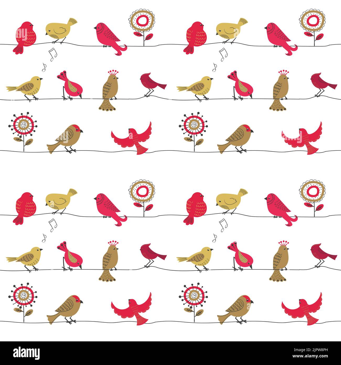 Cute birds on wire seamless pattern. Vector background with cartoon birds Stock Vector