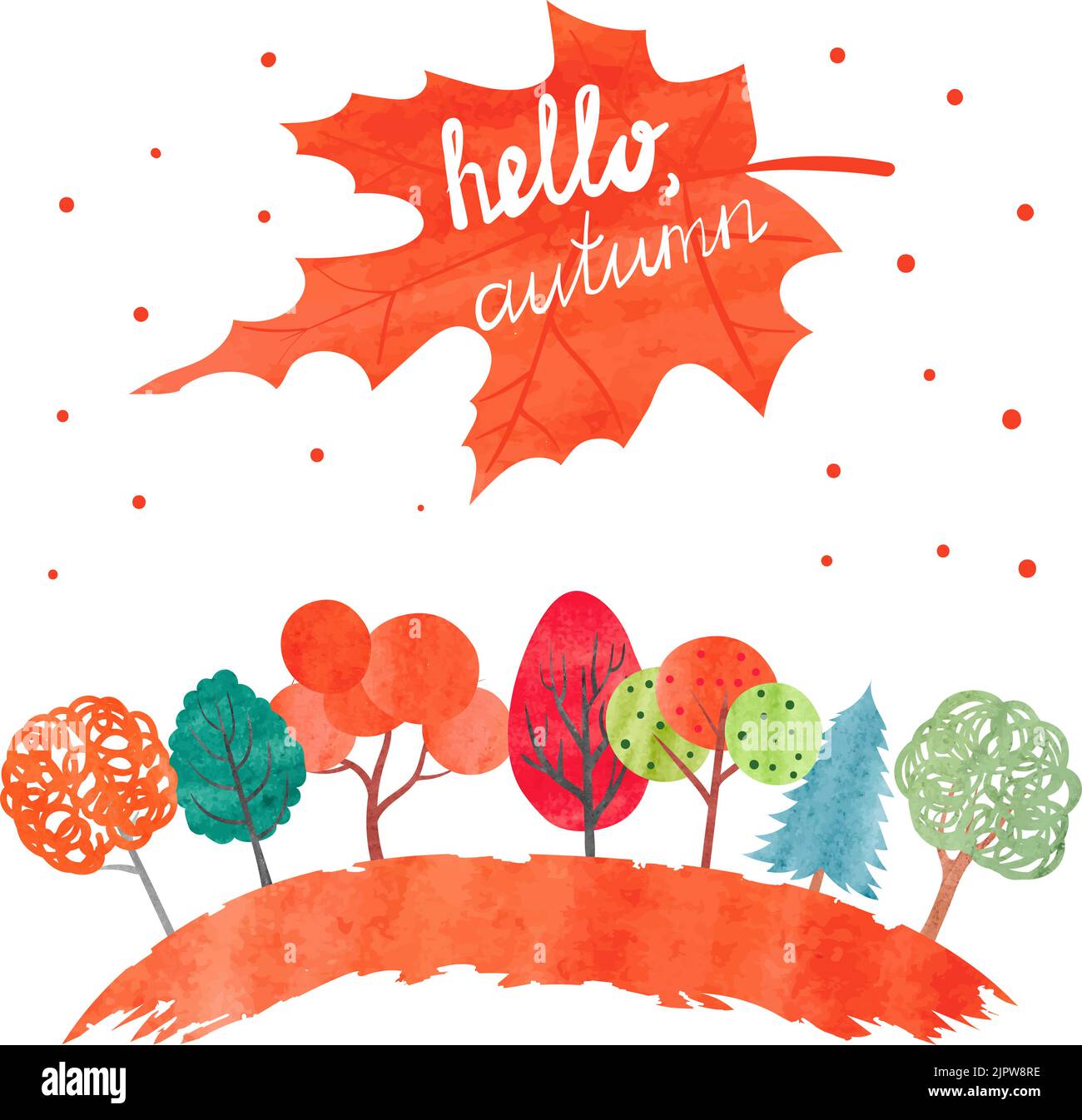 Watercolor autumn background. Colorful watercolor trees. Hello autumn lettering. Vector illustration Stock Vector