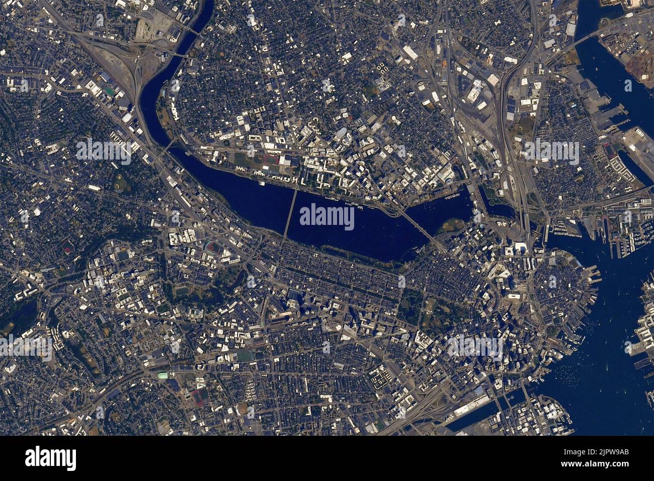 View of the Boston metropolitan area and the Charles River, in Massachusetts, United States, July 13, 2022, from Earth Orbit.  Credit: Bob Hines/NASA/Alamy Live News Stock Photo