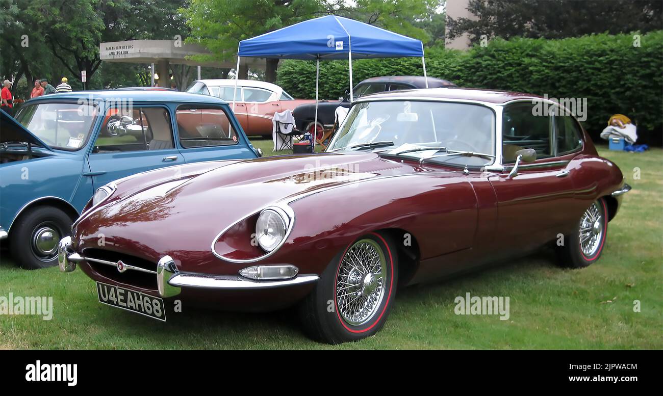 A Jaguar E-Type during Back to the Bricks American classic car event Stock Photo