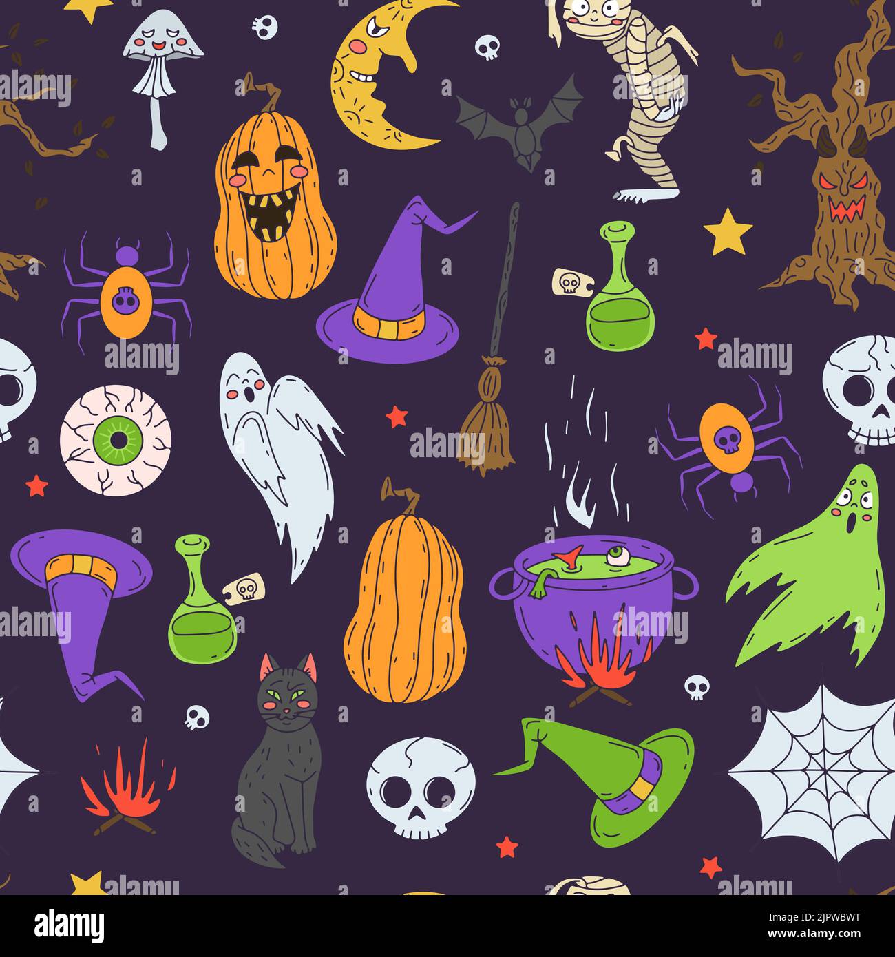 Halloween Seamless Pattern on purple background. Stock Vector
