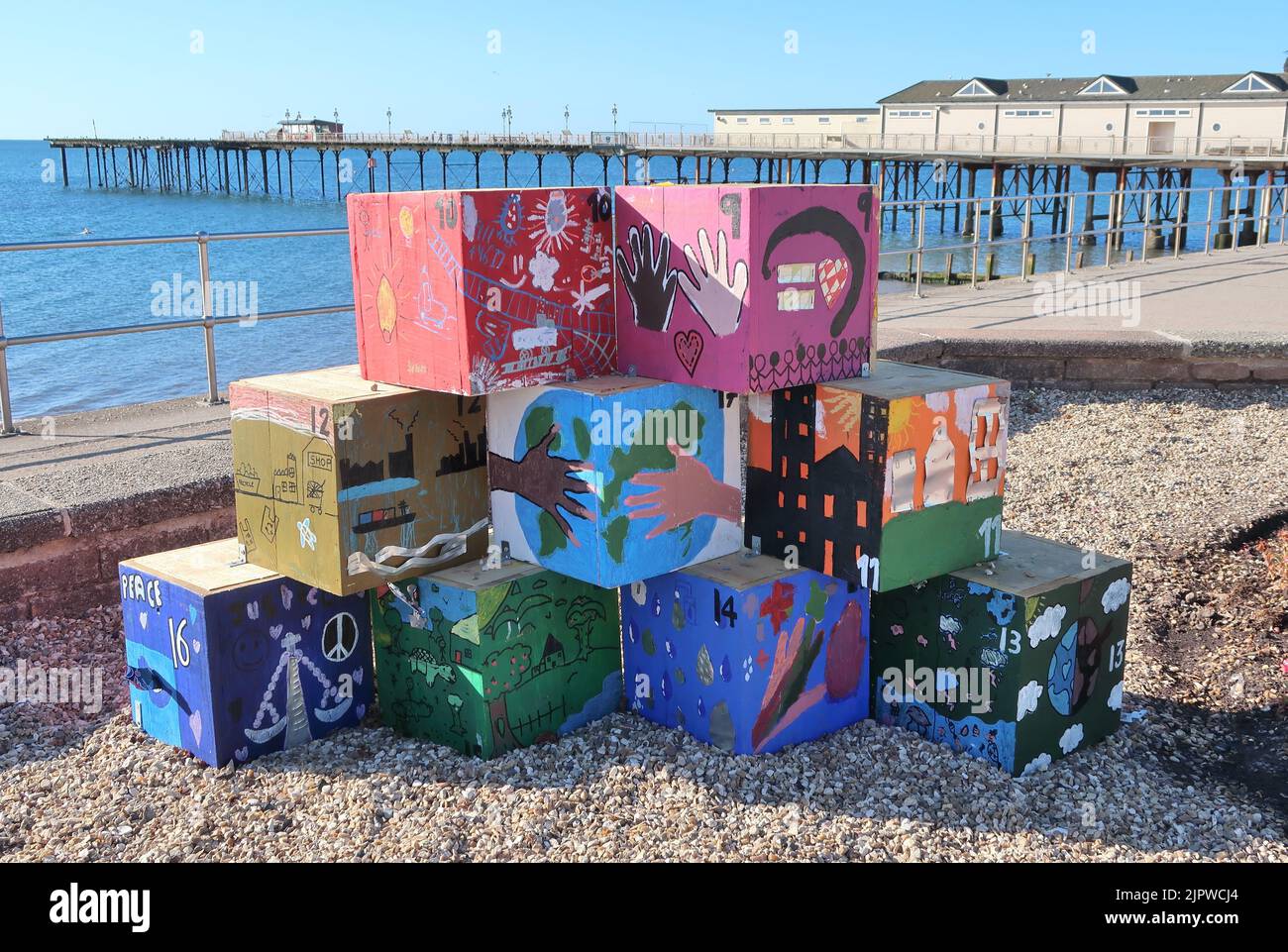 Recycled art along the seafront at Teignmouth, South Devon, using recycled materials to raise awareness of environmental issues. Stock Photo