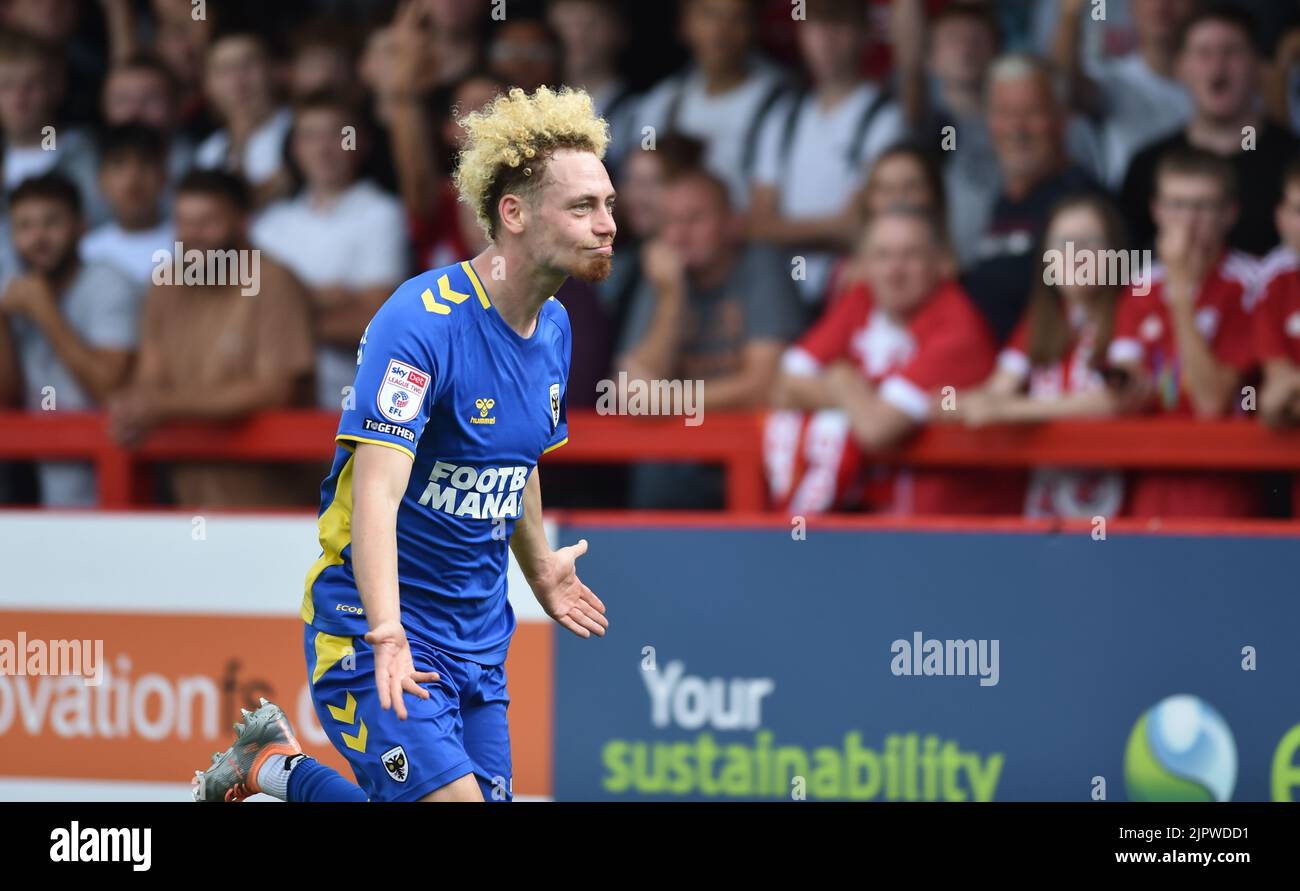 Nathan Young-Coombes of AFC Wimbledon celebrates after scoring their first goal during the EFL League Two match between Crawley Town and AFC Wimbledon at the Broadfield Stadium  , Crawley ,  UK - 20th August 2022 Editorial use only. No merchandising. For Football images FA and Premier League restrictions apply inc. no internet/mobile usage without FAPL license - for details contact Football Dataco Stock Photo