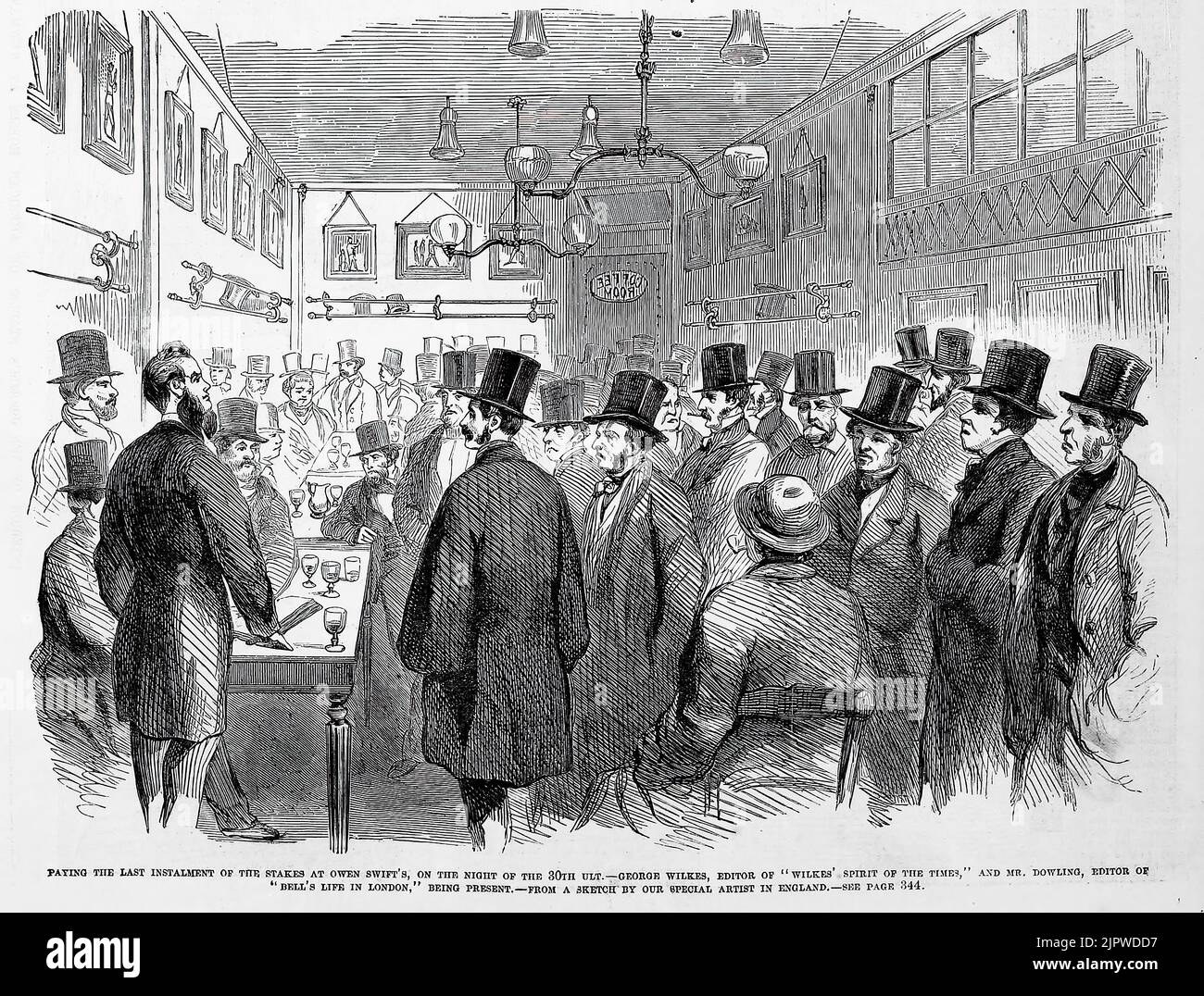 Paying the last installment of the stakes at Owen Swift's, on the night of March 30th, 1860 - George Wilkes, editor of Wilkes' Spirit of the Times, and Mr. Vincent George Dowling, editor of Bell's Life in London, being present. Championship fight between Tom Sayers and John C. Heenan. 19th century illustration from Frank Leslie's Illustrated Newspaper Stock Photo