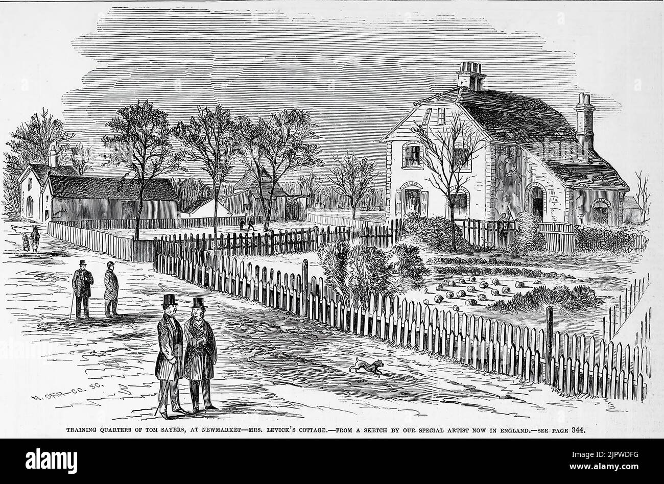 Training quarters of Tom Sayers, at Newmarket, England - Mrs. Levick's cottage. Training of Tom Sayers for the great fight with John C. Heenan for the Champion's Belt in England (1860). 19th century illustration from Frank Leslie's Illustrated Newspaper Stock Photo