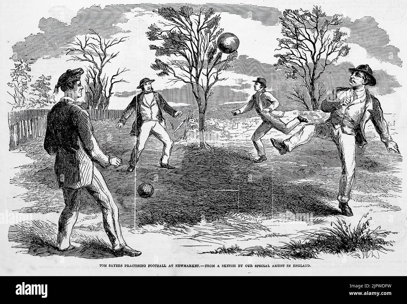 Tom Sayers practicing football at Newmarket, England. Training of Tom Sayers for the great fight with John C. Heenan for the Champion's Belt in England (1860). 19th century illustration from Frank Leslie's Illustrated Newspaper Stock Photo