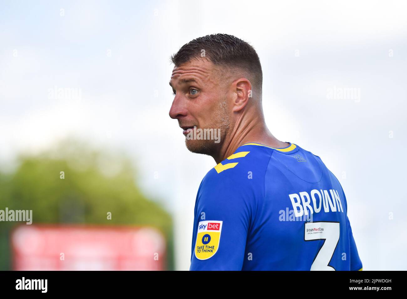 Lee Brown of AFC Wimbledon during the EFL League Two match between Crawley Town and AFC Wimbledon at the Broadfield Stadium  , Crawley ,  UK - 20th August 2022 Editorial use only. No merchandising. For Football images FA and Premier League restrictions apply inc. no internet/mobile usage without FAPL license - for details contact Football Dataco Stock Photo