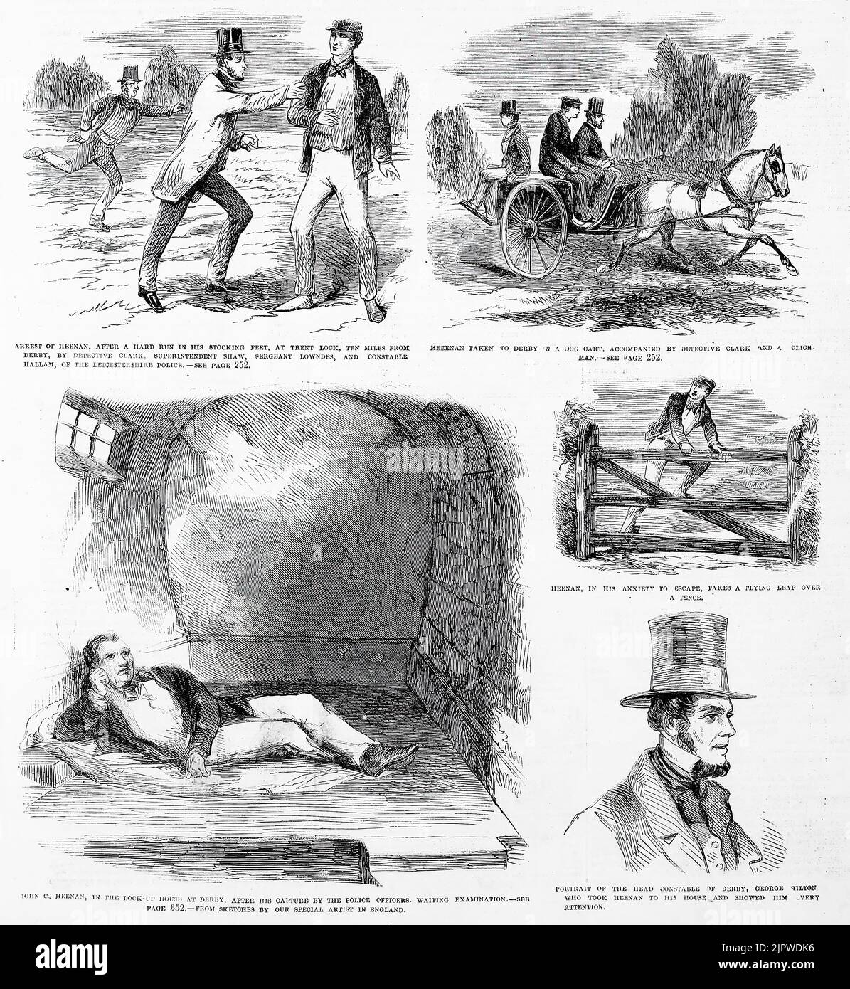 Arrest of John C. Heenan, after a hard run in his stocking feet, at Trent Lock, by the Lancashire police - Heenan taken to Derby in a dog cart - Heenan takes a flying leap over a fence - Heenan in the lock-up house at Derby, after his capture, waiting examination - Portrait of head constable of Derby, George Hilton. April 6th, 1860. 19th century illustration from Frank Leslie's Illustrated Newspaper Stock Photo