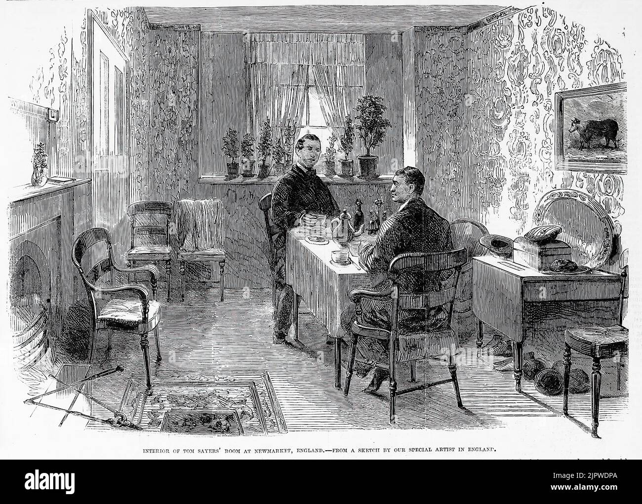 Interior of Tom Sayers' room at Newmarket, England (1860). Prior to championship fight between Tom Sayers and John C. Heenan. 19th century illustration from Frank Leslie's Illustrated Newspaper Stock Photo