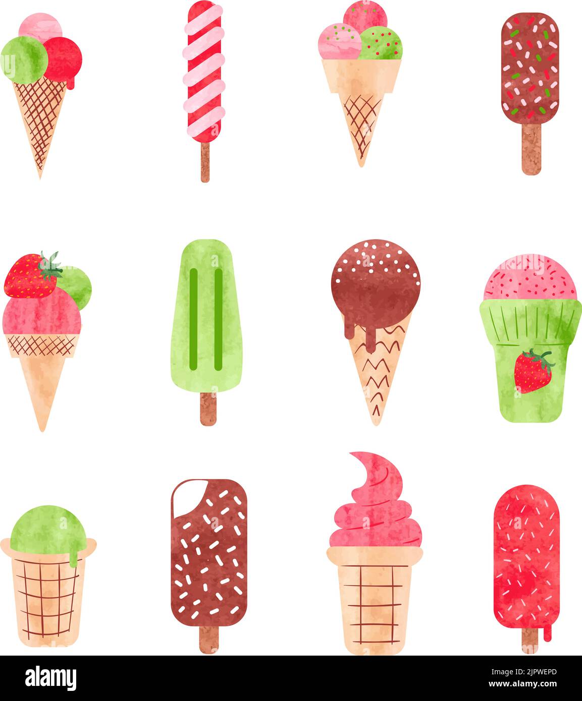 Watercolor ice cream set. Ice cream on stick, ice lolly and cones isolated on white. Vector illustration Stock Vector