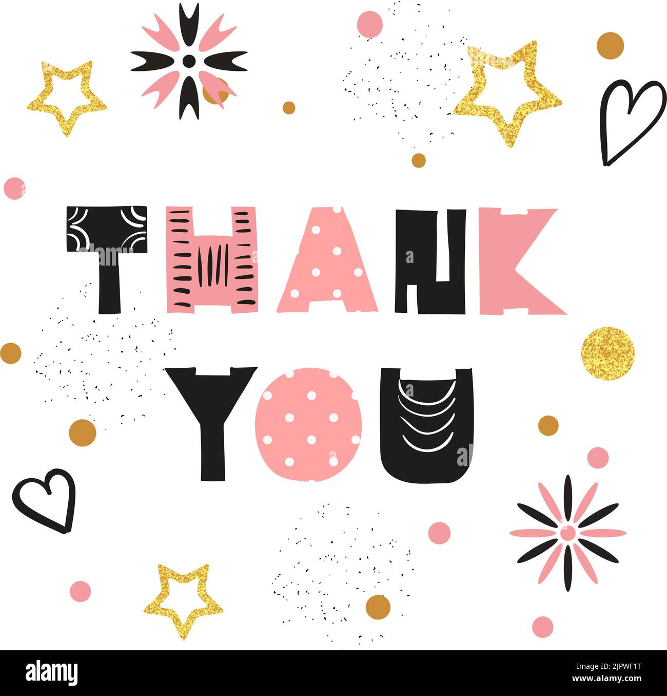 Thank you card design with golden sparkling stars and dots. Vector