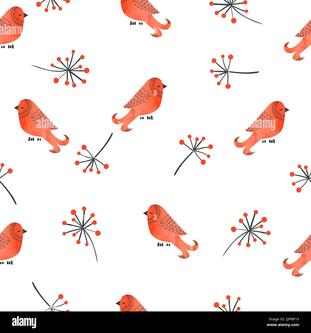 Seamless pattern with cute watercolor red birds and branches. Vector ...