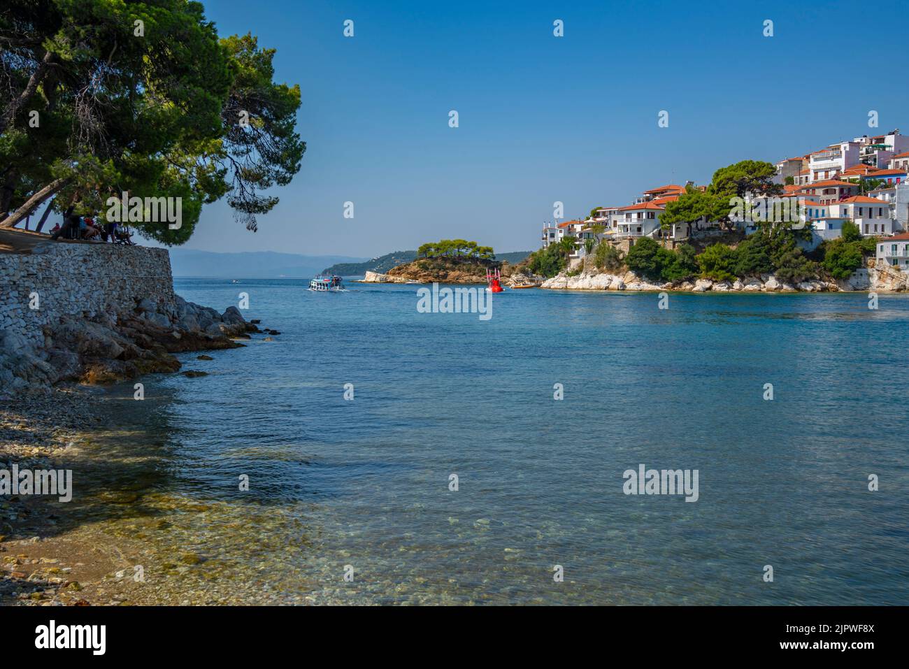 View of Belvedere Skiathos Old Port and Skiathos Town, Skiathos Island, Sporades Islands, Greek Islands, Greece, Europe Stock Photo