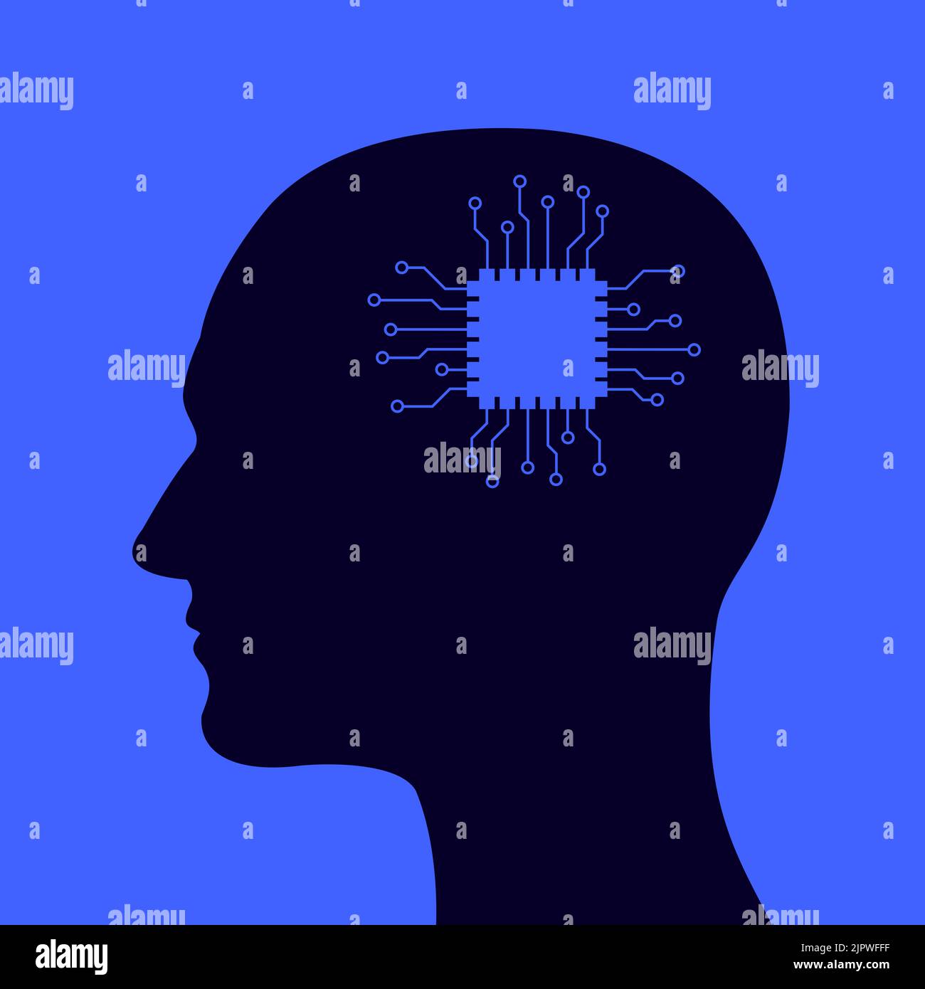Android and humanoid - silhouette of human with processor, microprocessor, chip, microchip, chipset and cpu in head instead of brain. Robotic human an Stock Photo