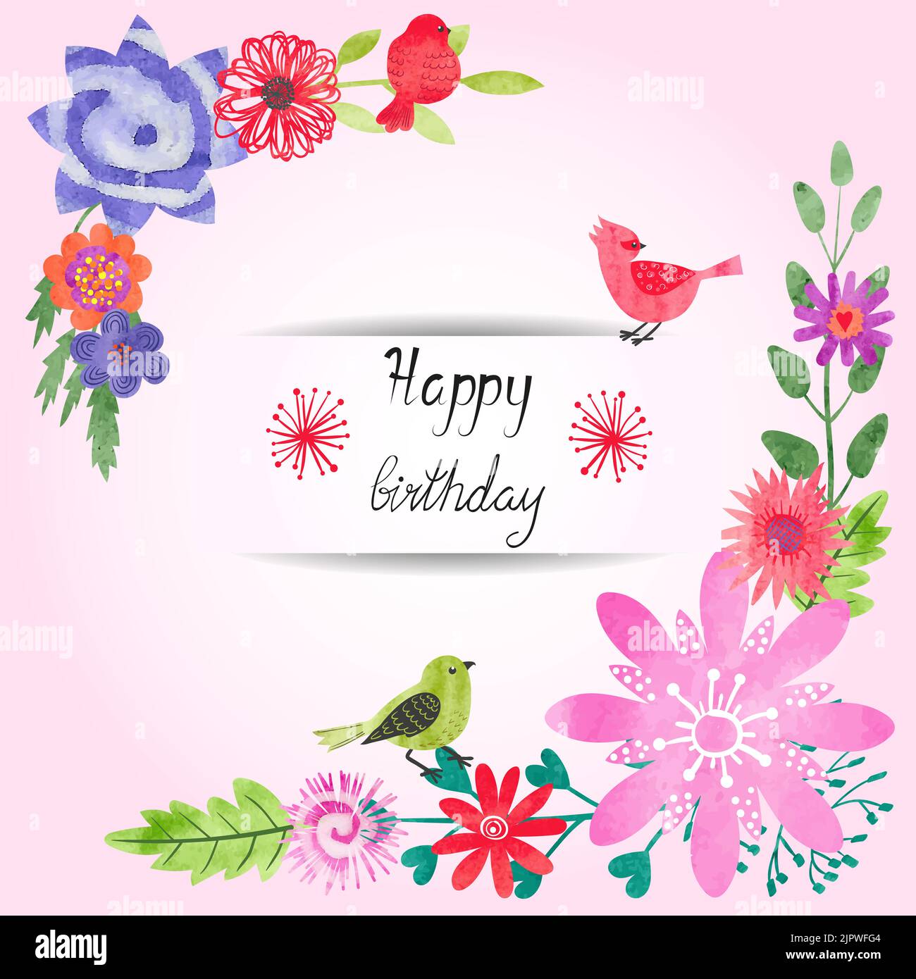 Birthday card design with watercolor flowers and cute birds. Colorful ...