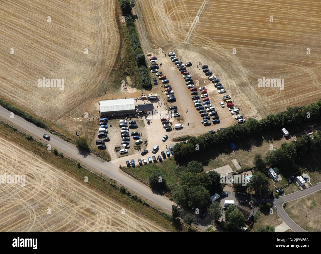 Aerial view of Jeremy Clarkson's Diddly Squat Farm Shop and adjoining Chipping Norton campsite. Stock Photo