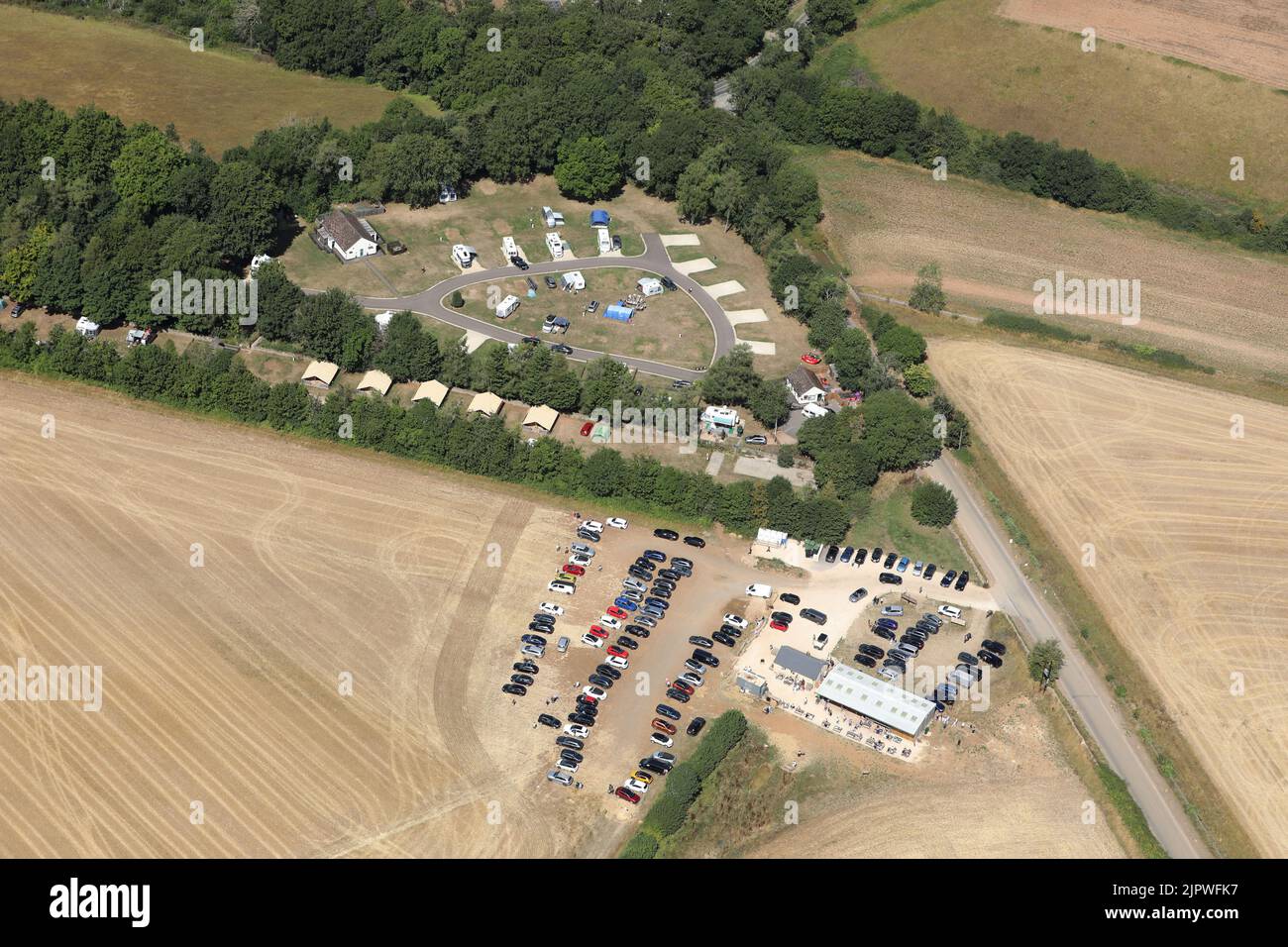 Aerial view of Jeremy Clarkson's Diddly Squat Farm Shop and adjoining Chipping Norton campsite. Stock Photo