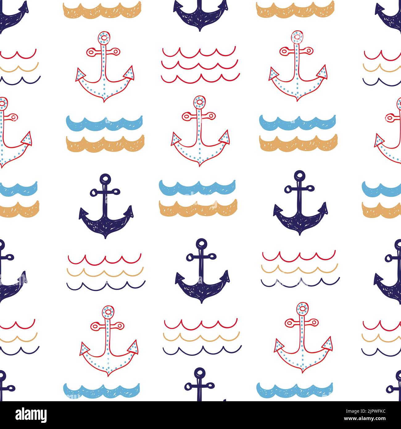 Anchors and sea waves seamless pattern. Doodle vector marine background ...