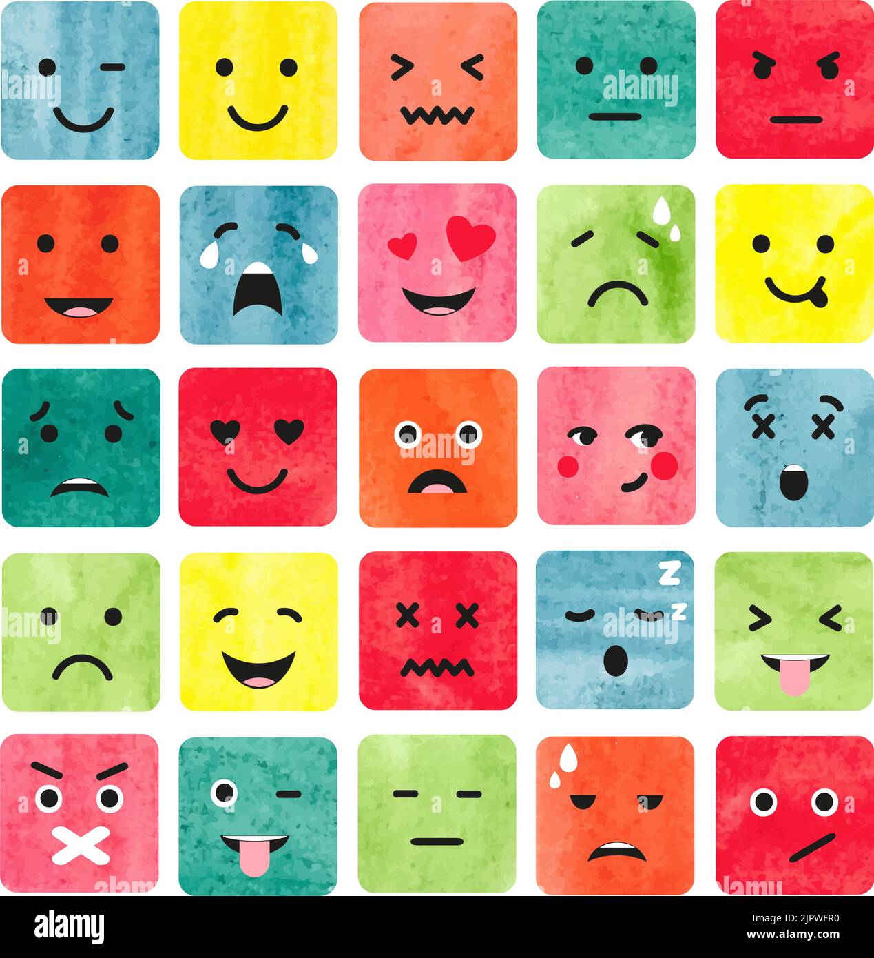Watercolor colorful emoticons set. Collection of emoji. Vector illustration Stock Vector