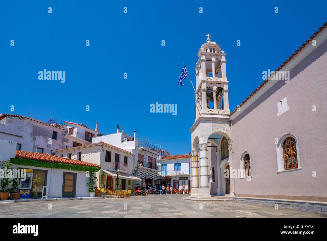 View of Church of the Three Bishops in Skiathos Town, Skiathos Island, Sporades Islands, Greek Islands, Greece, Europe Stock Photo