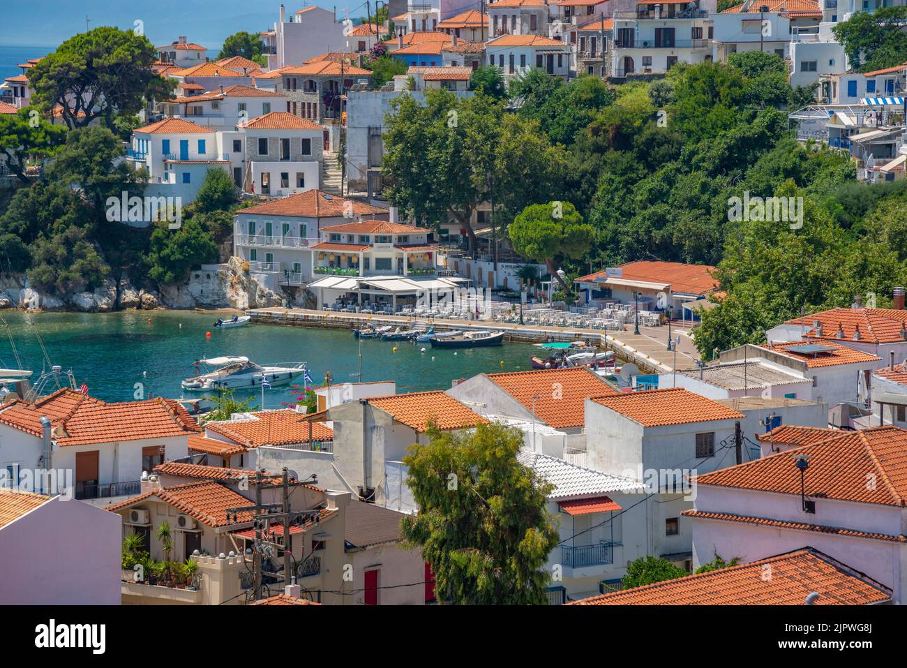 View of Skiathos Town from St Nicholas Church, Skiathos Island, Sporades Islands, Greek Islands, Greece, Europe Stock Photo