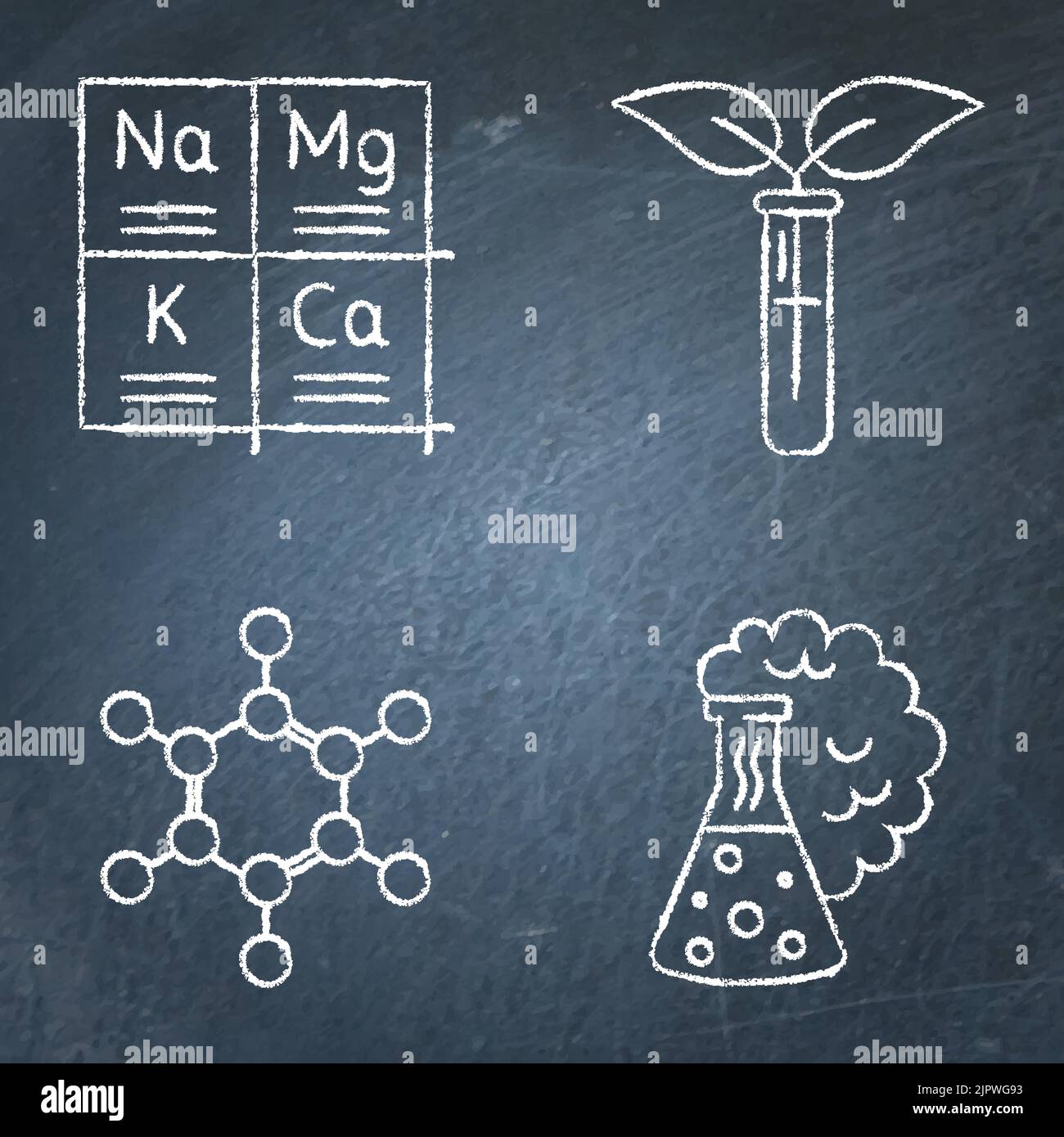 Chemistry science icon set on chalkboard. Periodic table of elements