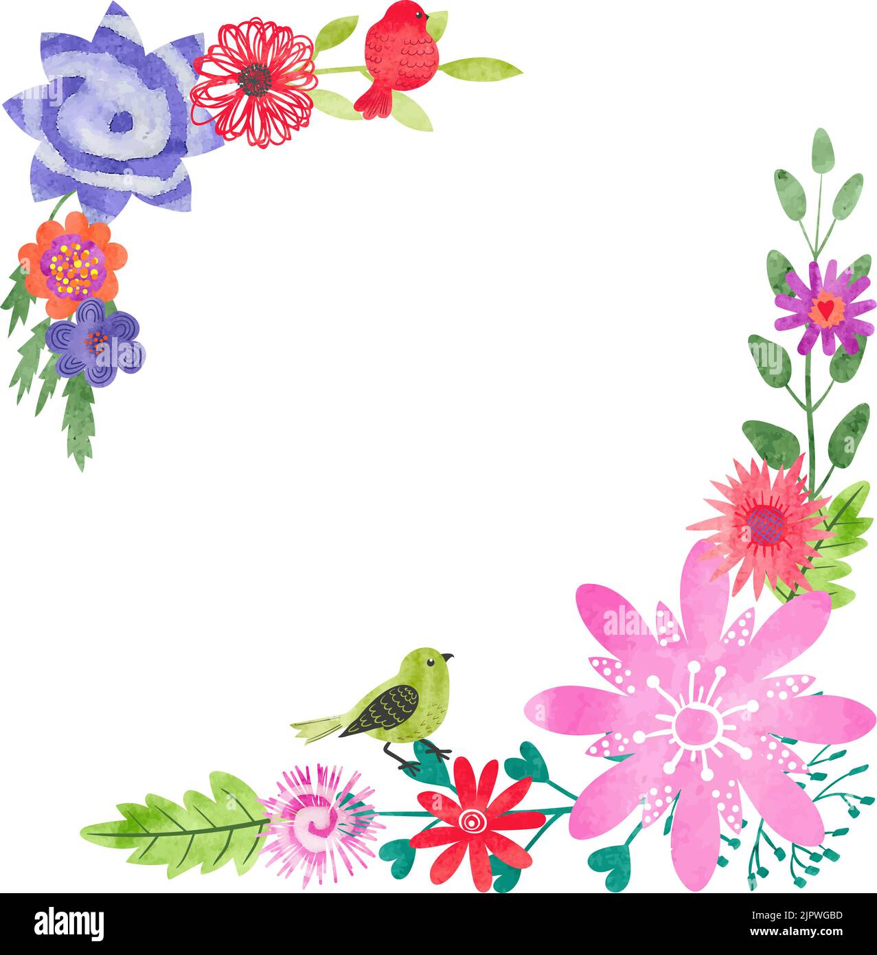 Birthday card design with watercolor flowers and cute birds. Colorful ...