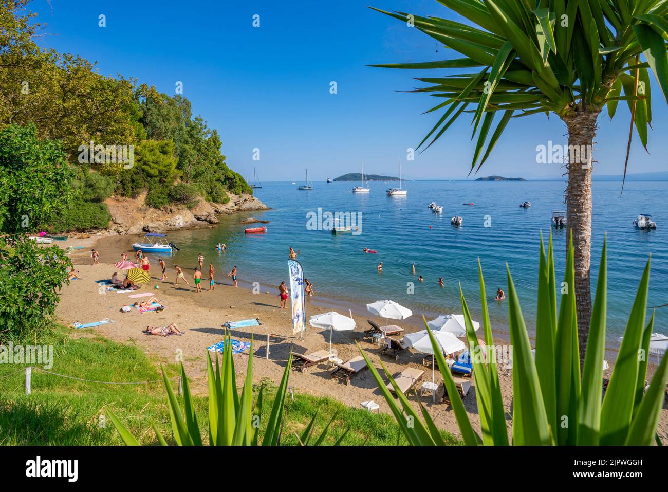 View of Paralia Megali Ammos in Skiathos Town, Skiathos Island, Sporades Islands, Greek Islands, Greece, Europe Stock Photo
