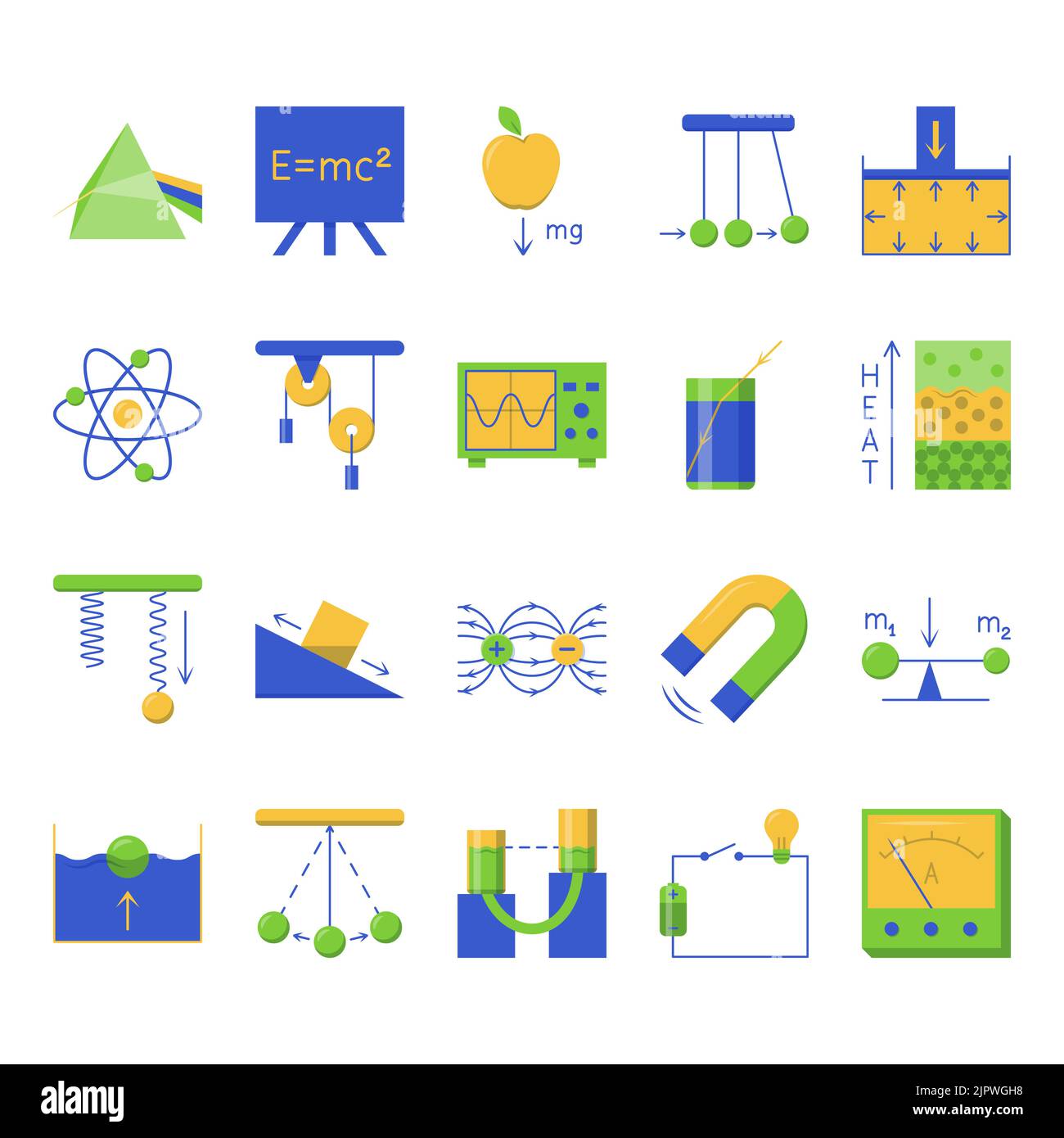 Physics science icon set in flat style. Physical laws and symbols ...