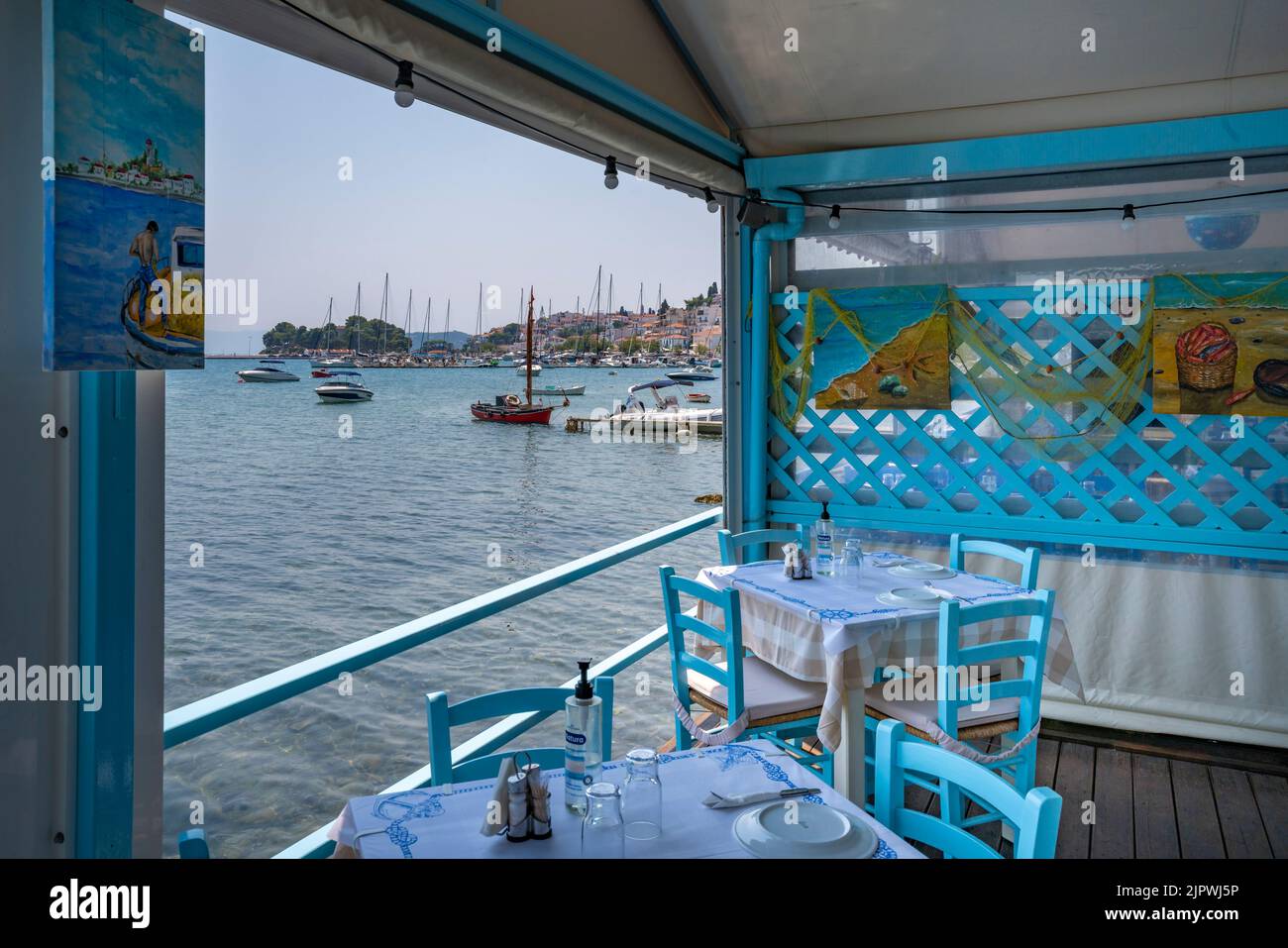 View of restaurant in Skiathos Town, Skiathos Island, Sporades Islands, Greek Islands, Greece, Europe Stock Photo
