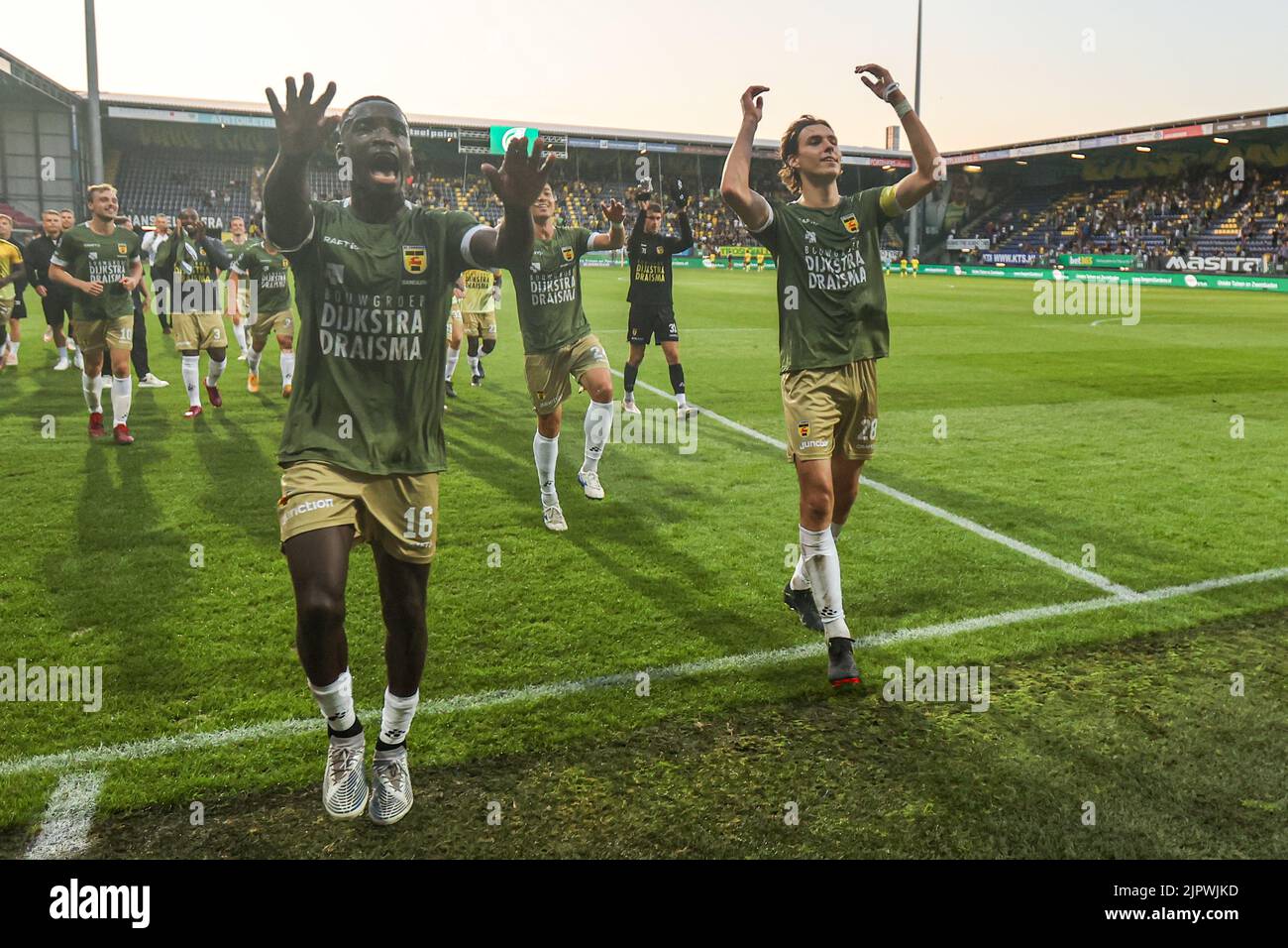 SITTARD, NETHERLANDS - AUGUST 20: Alex Bangura of SC Cambuur, Roberts Uldrikis of SC Cambuur after the Dutch Eredivisie match between Fortuna Sittard and SC Cambuur at Fortuna Sittard Stadion on August 20, 2022 in Sittard, Netherlands (Photo by Henk Jan Dijks/Orange Pictures) Stock Photo