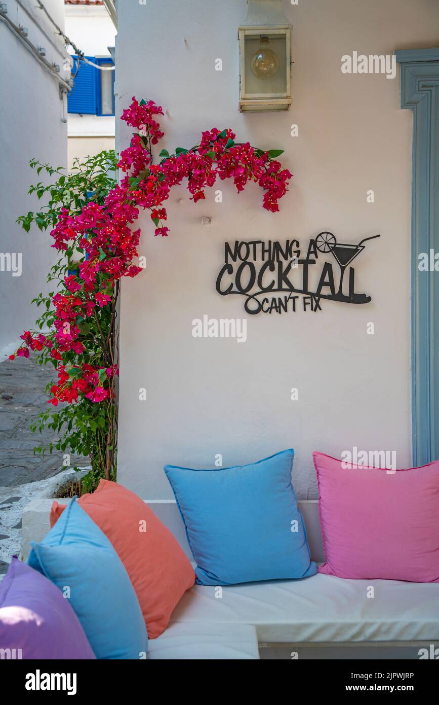 View of cocktail sign in Skiathos Town, Skiathos Island, Sporades Islands, Greek Islands, Greece, Europe Stock Photo