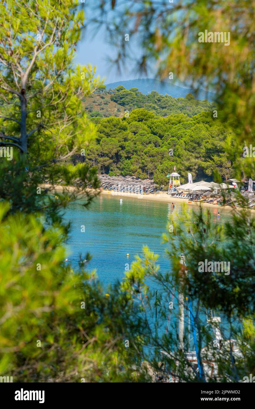 Aerial view of Koukounaries Beach, Skiathos Town, Skiathos Island, Sporades Islands, Greek Islands, Greece, Europe Stock Photo