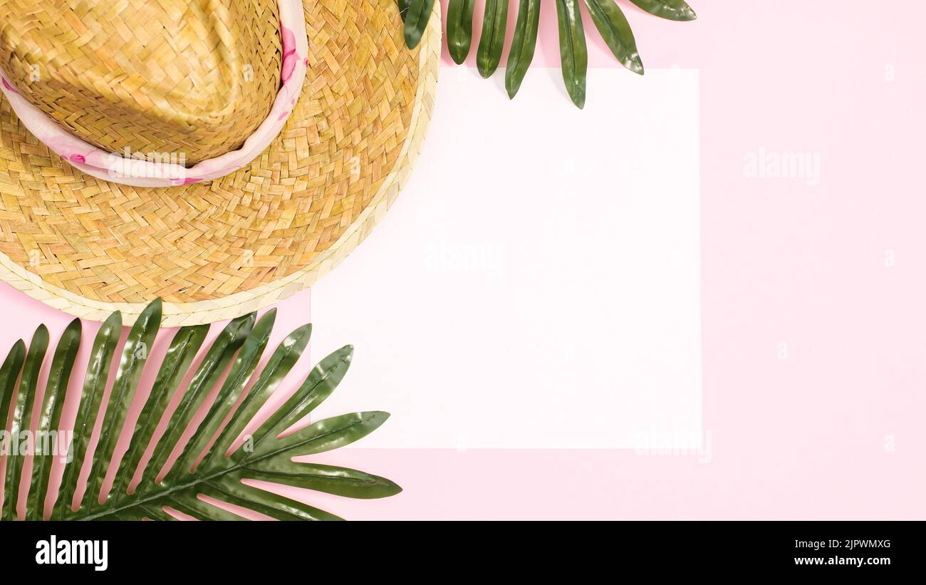 Summer beach background with straw hat palm leaves pastel pink ...