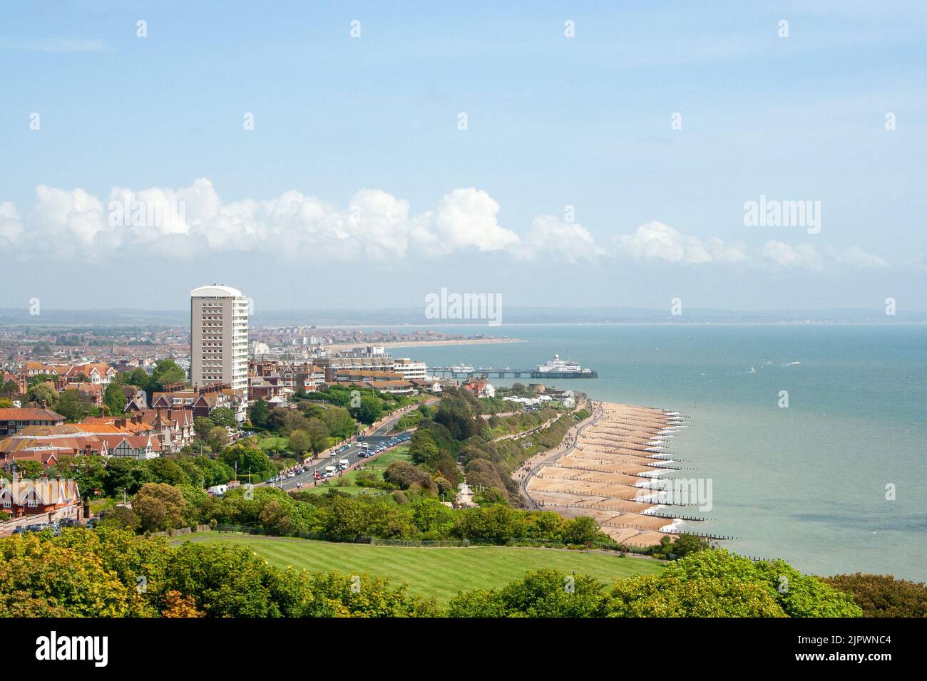 Eastbourne, UK, May 25th 2014. The seaside of Eastbourne on a bank holiday, the view from a footpath on top of the white cliffs. Stock Photo