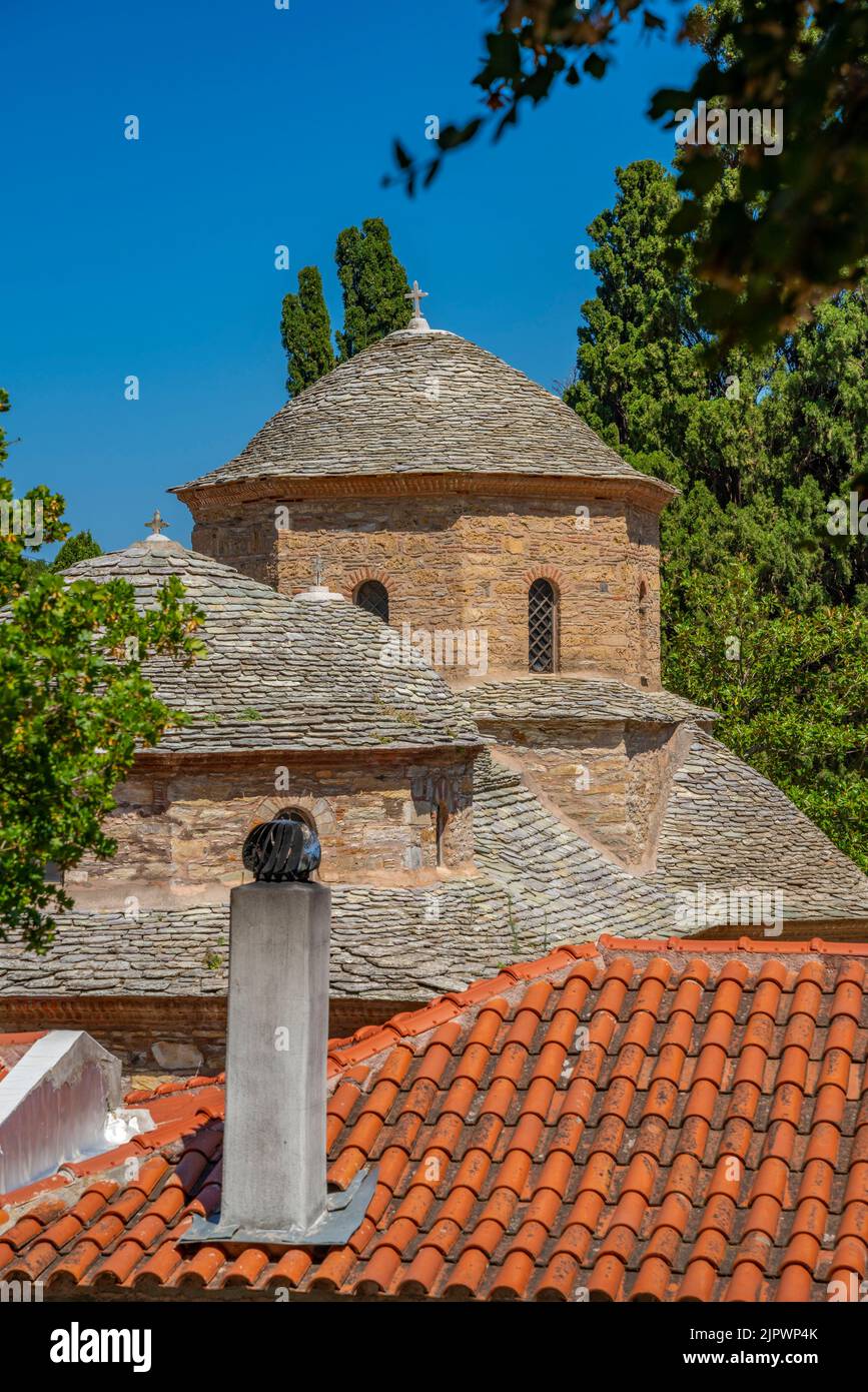 View of Moni Evaggelistrias Monastery, Skiathos Island, Sporades Islands, Greek Islands, Greece, Europe Stock Photo